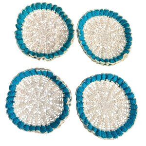 Vintage Handmade Crochet Doilies Set of 4 Blue & White Round Decorative Table Ma